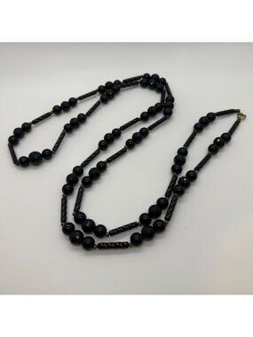 Vintage 52" Flapper Necklace 1930s Black Lucite Beads with a Thumbless Clasp
